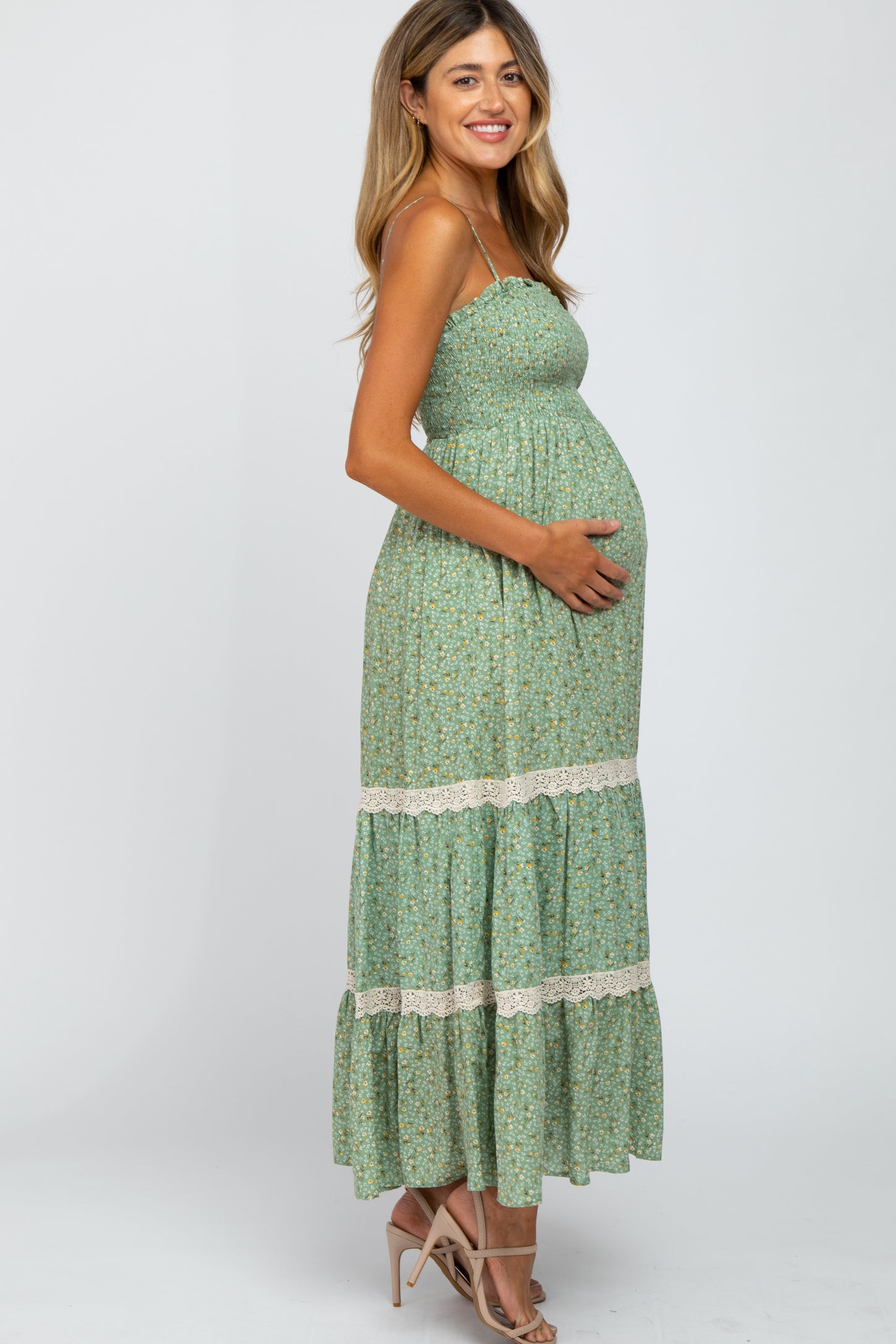 Green Floral Smocked Crochet Accent Maternity Maxi Dress