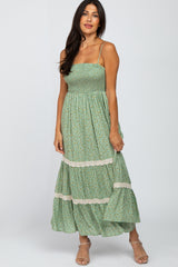 Green Floral Smocked Crochet Accent Maternity Maxi Dress