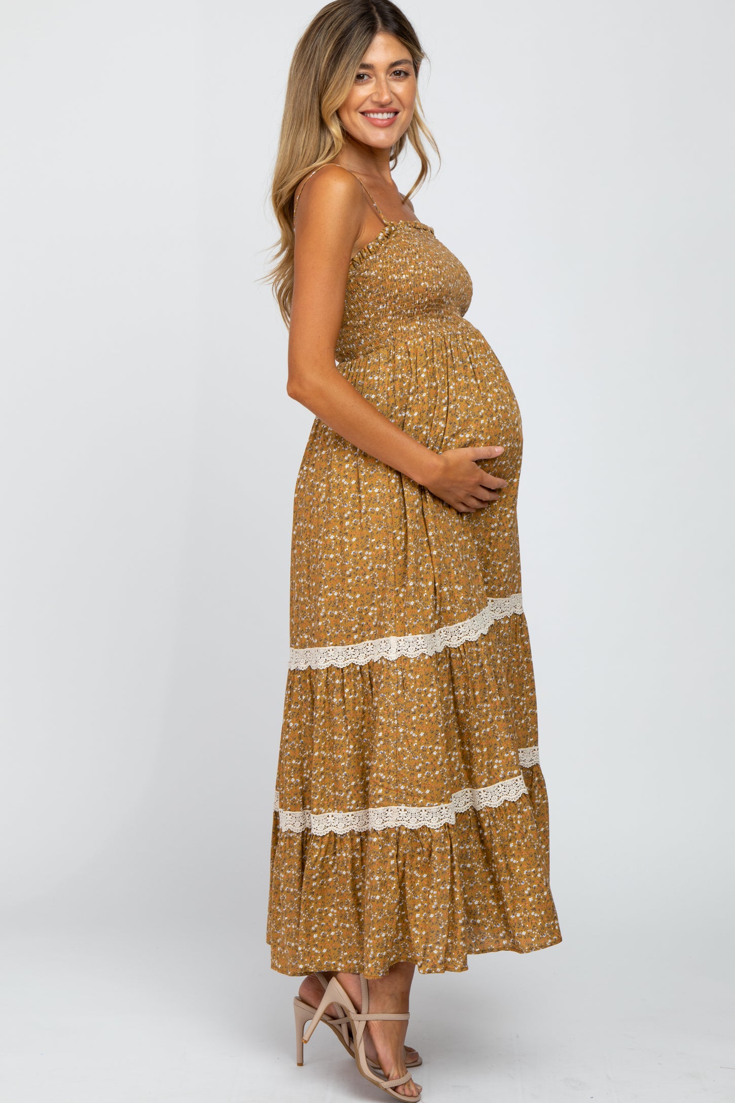 Dark Mustard Floral Smocked Crochet Accent Maternity Maxi Dress