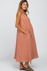 Dark Peach Bow Strap Maternity Midi Dress