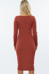 Rust Ribbed Front Button Accent Fitted Maternity Midi Dress