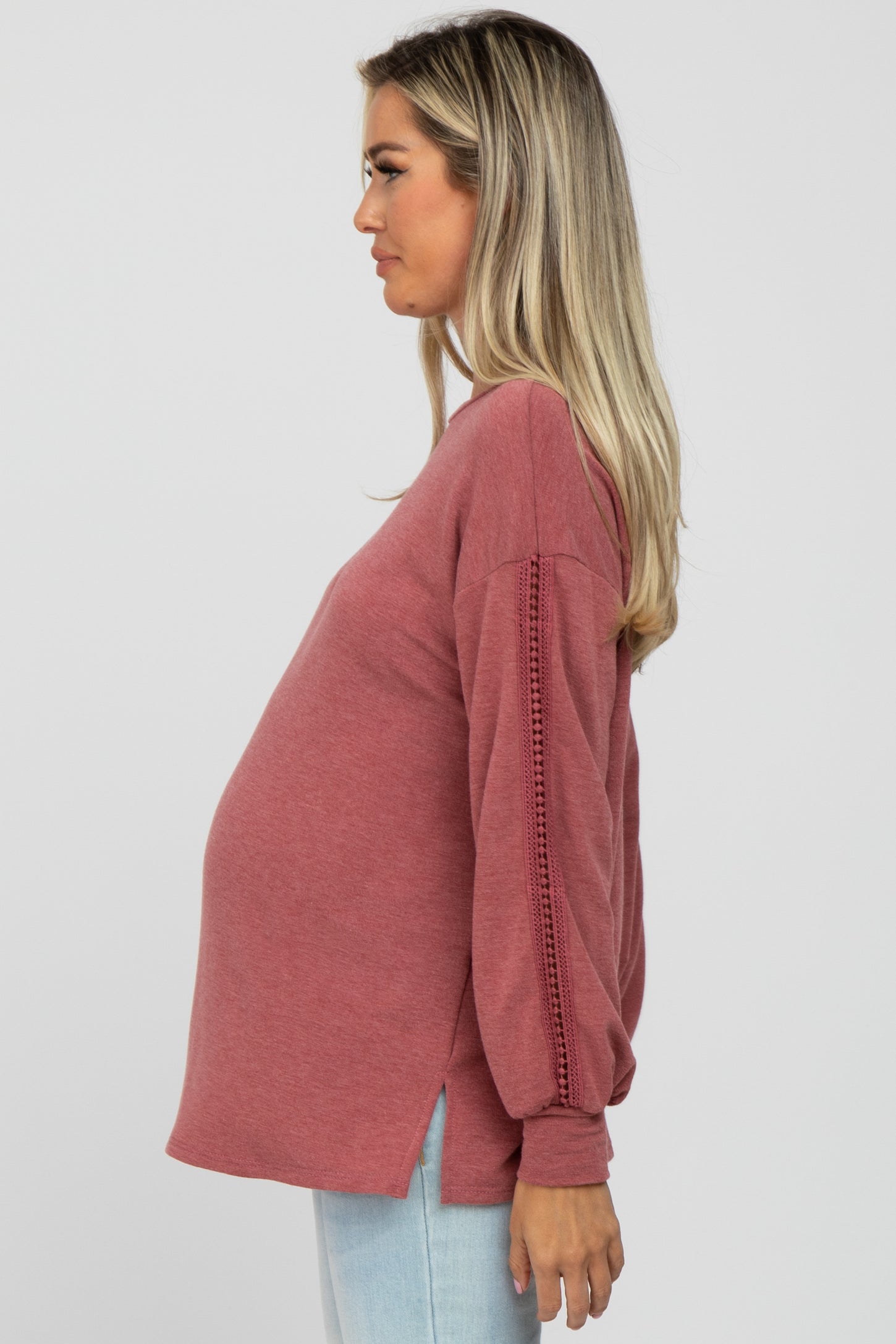 Mauve Crochet Accent Long Sleeve Maternity Top