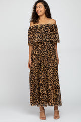 Brown Animal Print Off Shoulder Pleated Maxi Dress