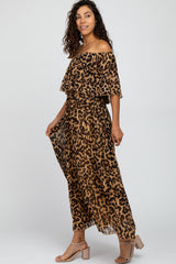 Brown Animal Print Off Shoulder Pleated Maxi Dress
