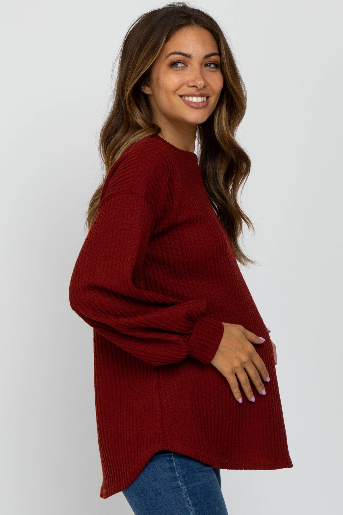 Burgundy Textured Knit Bubble Sleeve Maternity Top
