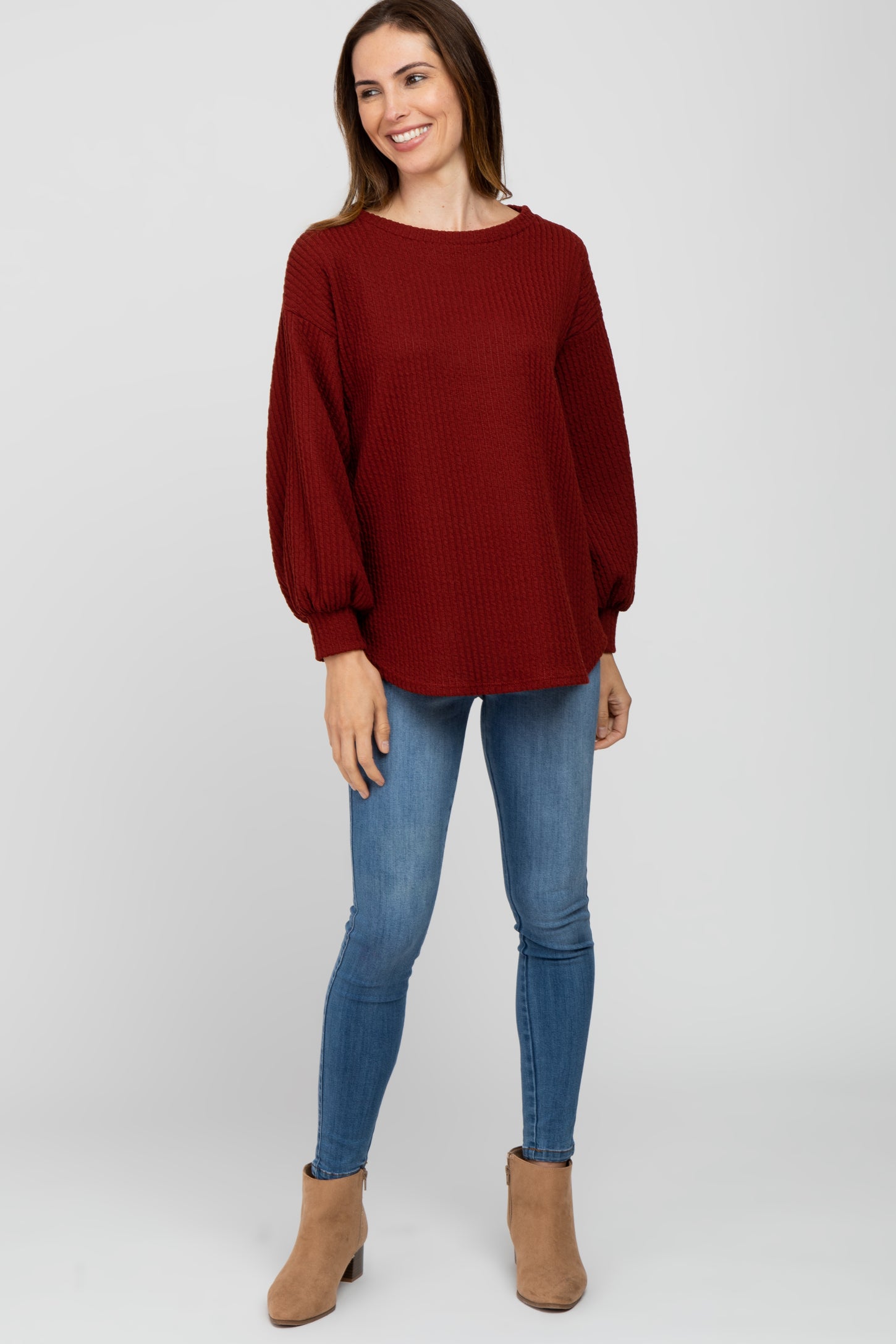 Burgundy Textured Knit Bubble Sleeve Maternity Top