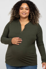 Olive Ribbed Split Collar Maternity Plus Top