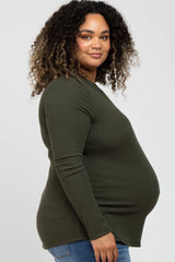Olive Ribbed Split Collar Maternity Plus Top