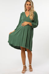 Green Linen Raw Edge Hi-Low Hem Maternity Dress