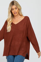 Burgundy V-Neck Side Slit Sweater