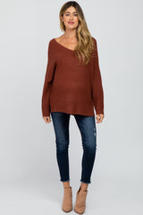 Burgundy V-Neck Side Slit Maternity Sweater