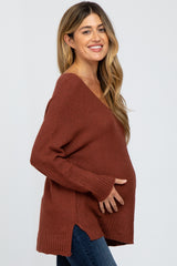 Burgundy V-Neck Side Slit Maternity Sweater