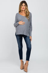 Grey V-Neck Side Slit Maternity Sweater