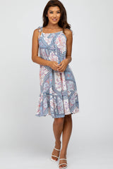 Blue Floral Printed Shoulder Tie Maternity Dress