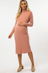 Mauve Ribbed Turtleneck Maternity Midi Dress
