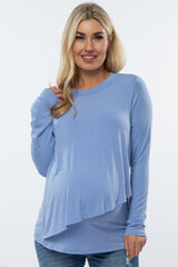 Light Blue Solid Layered Front Long Sleeve Maternity/Nursing Top