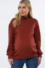 Rust Ribbed Mock Neck Button Trim Long Sleeve Maternity Top