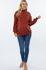 Rust Ribbed Mock Neck Button Trim Long Sleeve Maternity Top