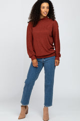 Rust Ribbed Mock Neck Button Trim Long Sleeve Top