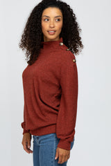 Rust Ribbed Mock Neck Button Trim Long Sleeve Top