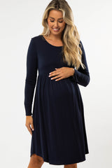 Navy Blue 3/4 Sleeve Babydoll Maternity Dress