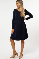 Navy Blue 3/4 Sleeve Babydoll Maternity Dress