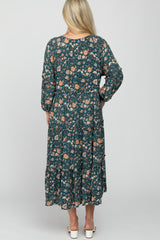 Deep Teal Floral Print Button Front Maternity Midi Dress