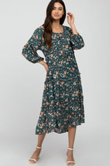 Deep Teal Floral Print Button Front Maternity Midi Dress