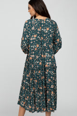 Deep Teal Floral Print Button Front Midi Dress