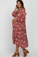 Magenta Floral Print Button Front Maternity Midi Dress