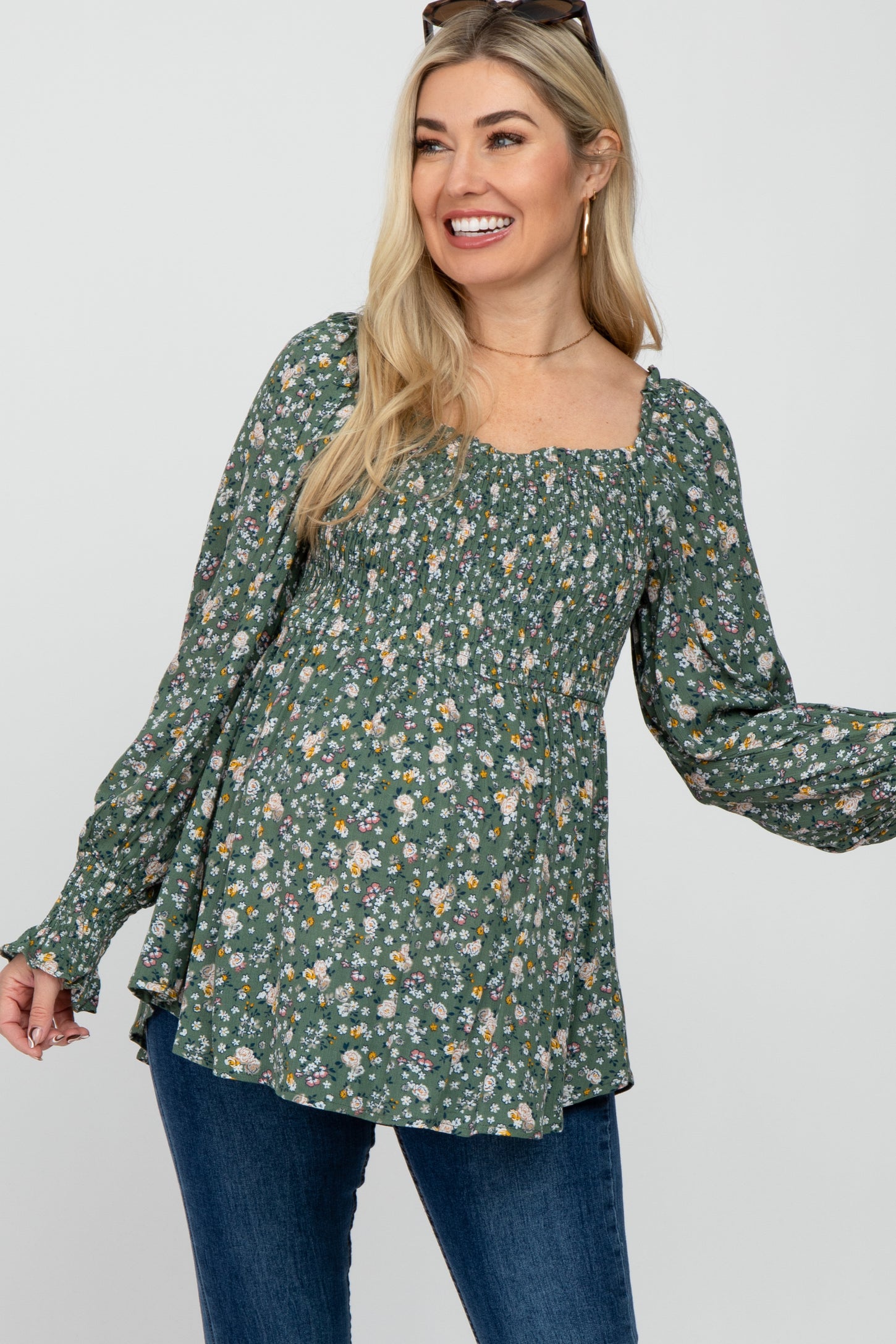 Light Olive Floral Smocked Bubble Sleeve Maternity Blouse