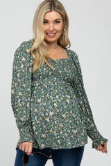 Light Olive Floral Smocked Bubble Sleeve Maternity Blouse