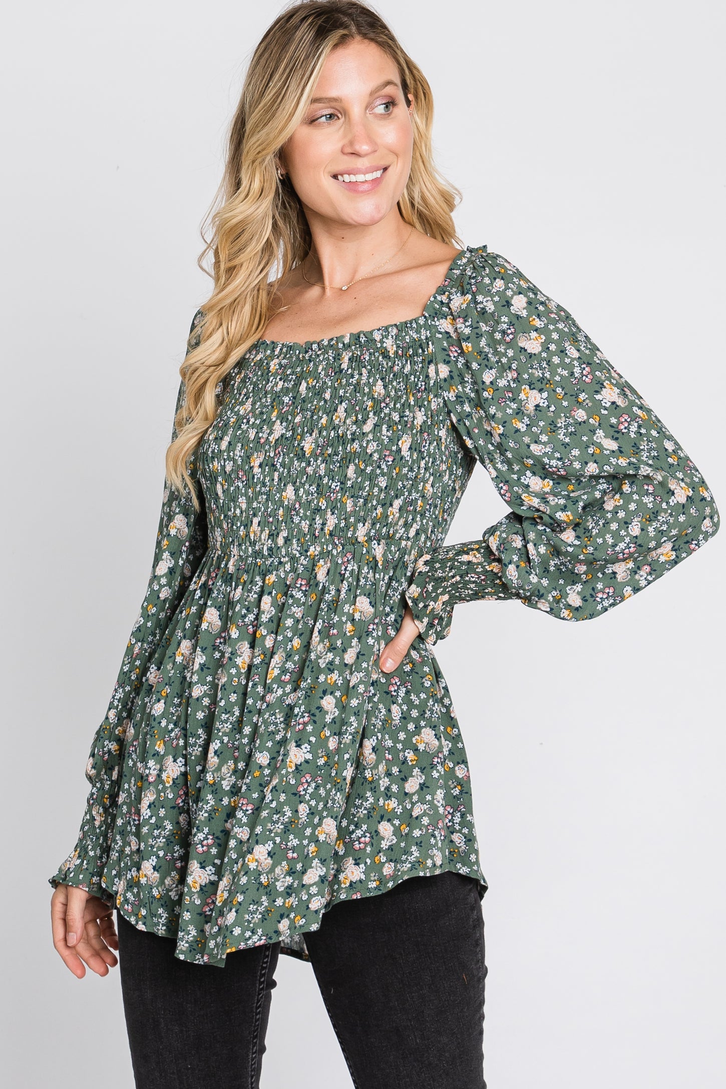 Light Olive Floral Smocked Bubble Sleeve Blouse