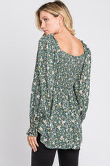 Light Olive Floral Smocked Bubble Sleeve Blouse