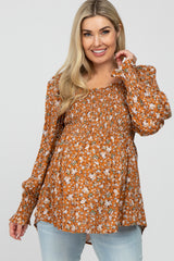 Camel Floral Smocked Bubble Sleeve Maternity Blouse