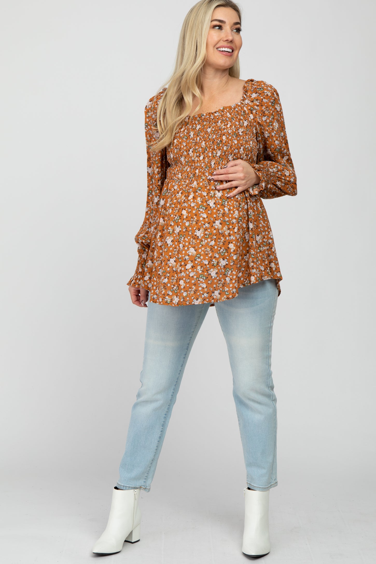 Camel Floral Smocked Bubble Sleeve Maternity Blouse
