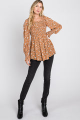 Camel Floral Smocked Bubble Sleeve Blouse