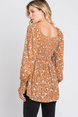 Camel Floral Smocked Bubble Sleeve Blouse