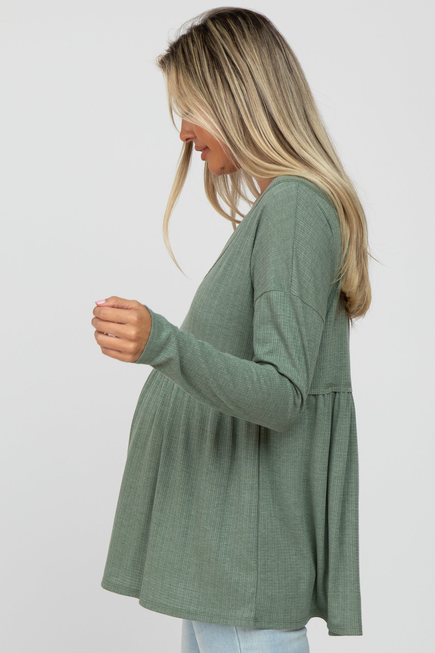 Olive Ribbed Long Sleeve Maternity Babydoll Top