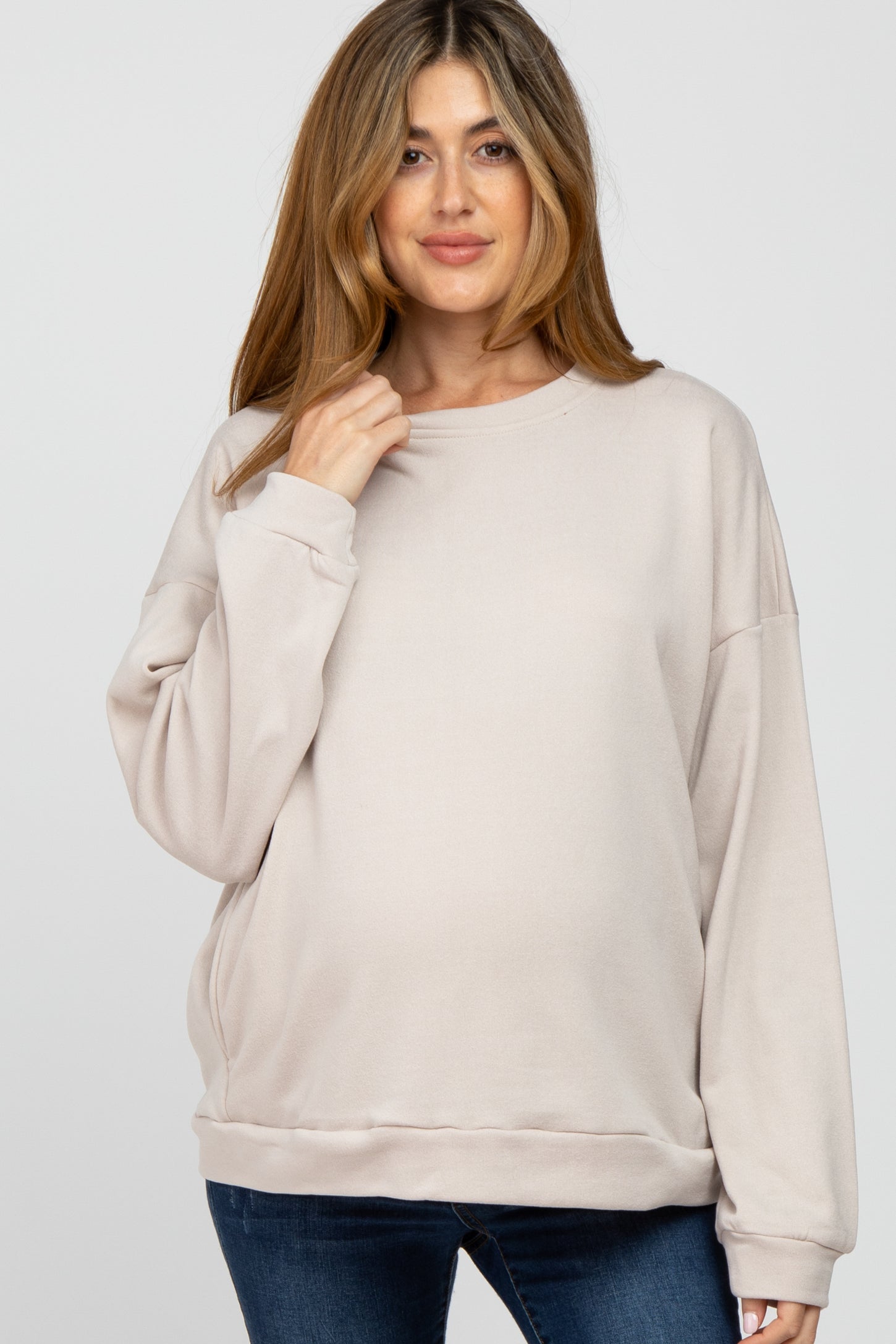Beige Soft Fuzzy Lining Maternity Sweatshirt