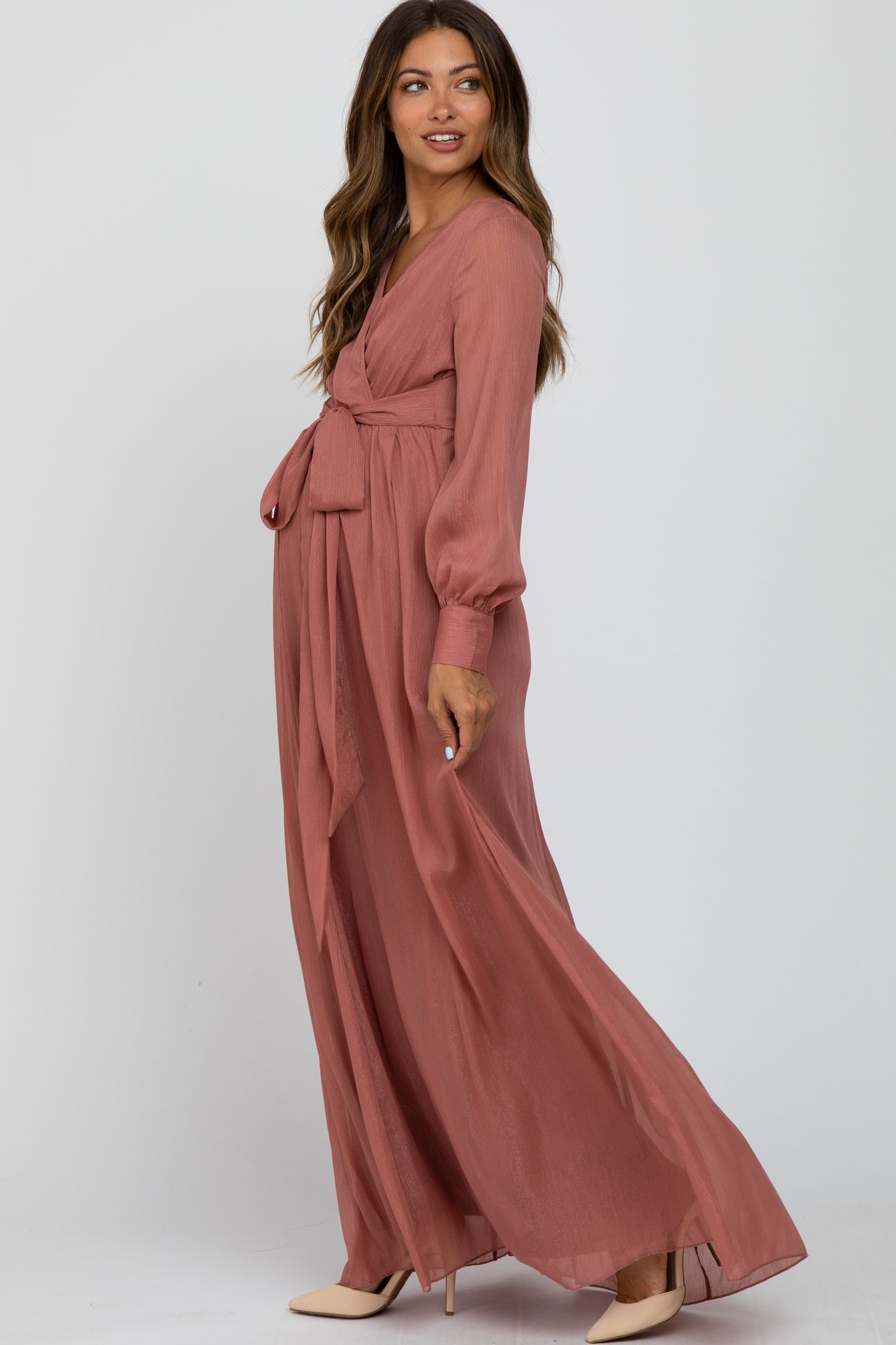 Pink Metallic Chiffon Maternity Maxi Dress – PinkBlush