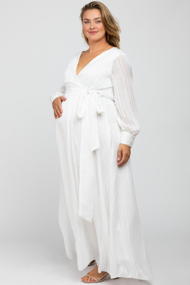 White Metallic Striped Chiffon Maternity Plus Maxi Dress