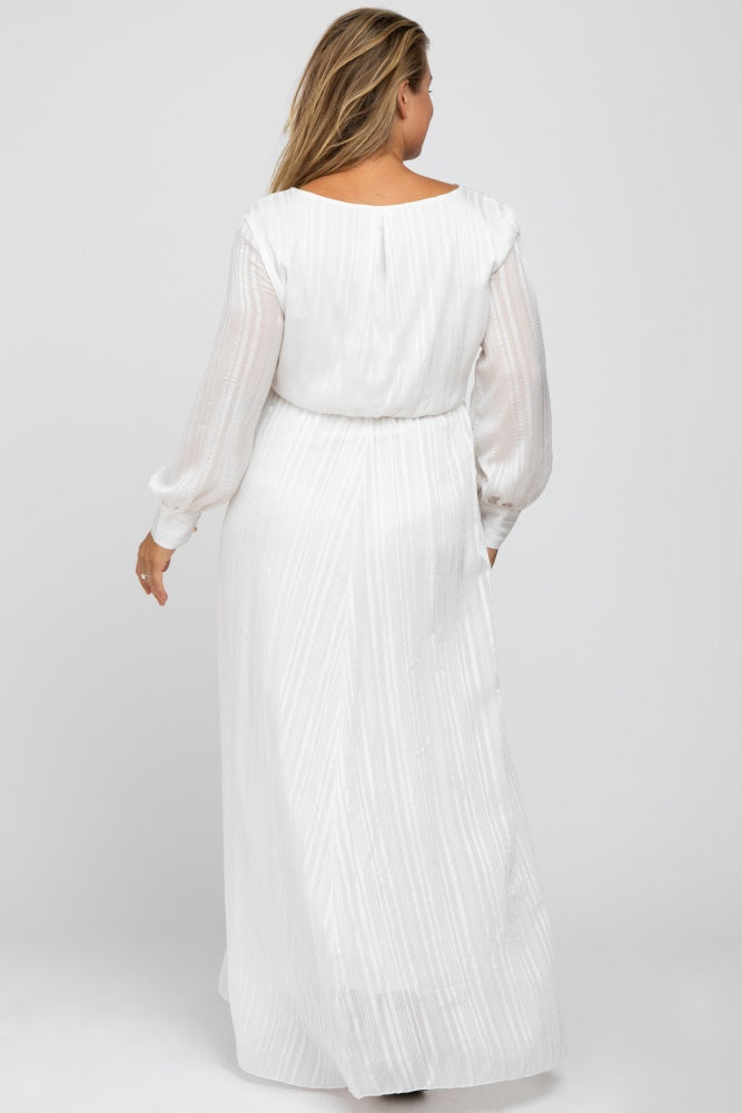 White Metallic Striped Chiffon Maternity Plus Maxi Dress