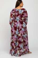 Burgundy Floral Chiffon Plus Maxi Dress