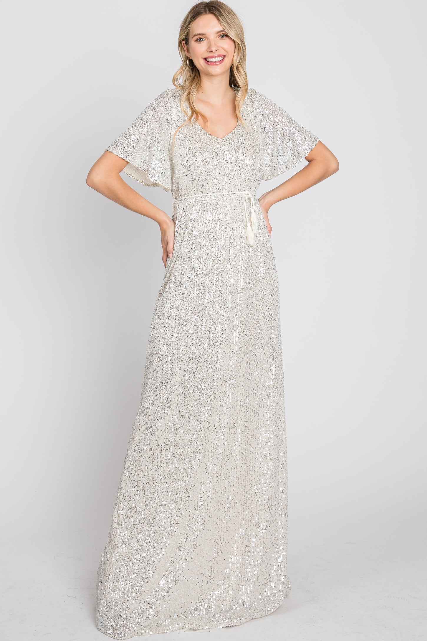 slim fit dress slacks Gold Sequined Short Dress with Short Sleeves main image 0