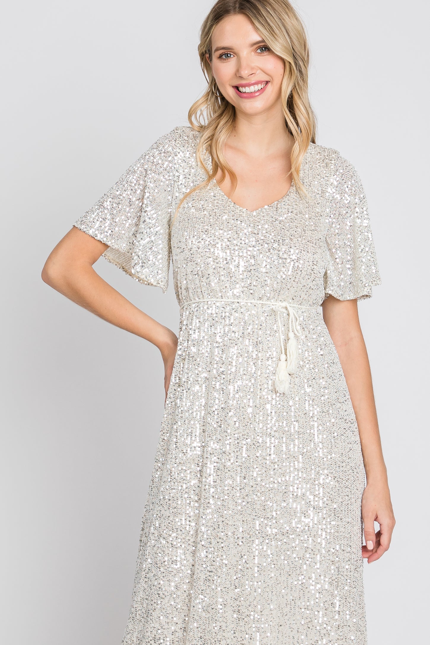 cream sequin dress Cream Sequin Short Sleeve Maxi Dress – PinkBlush