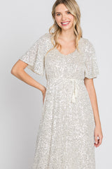 Cream Sequin Short Sleeve Maxi Dress