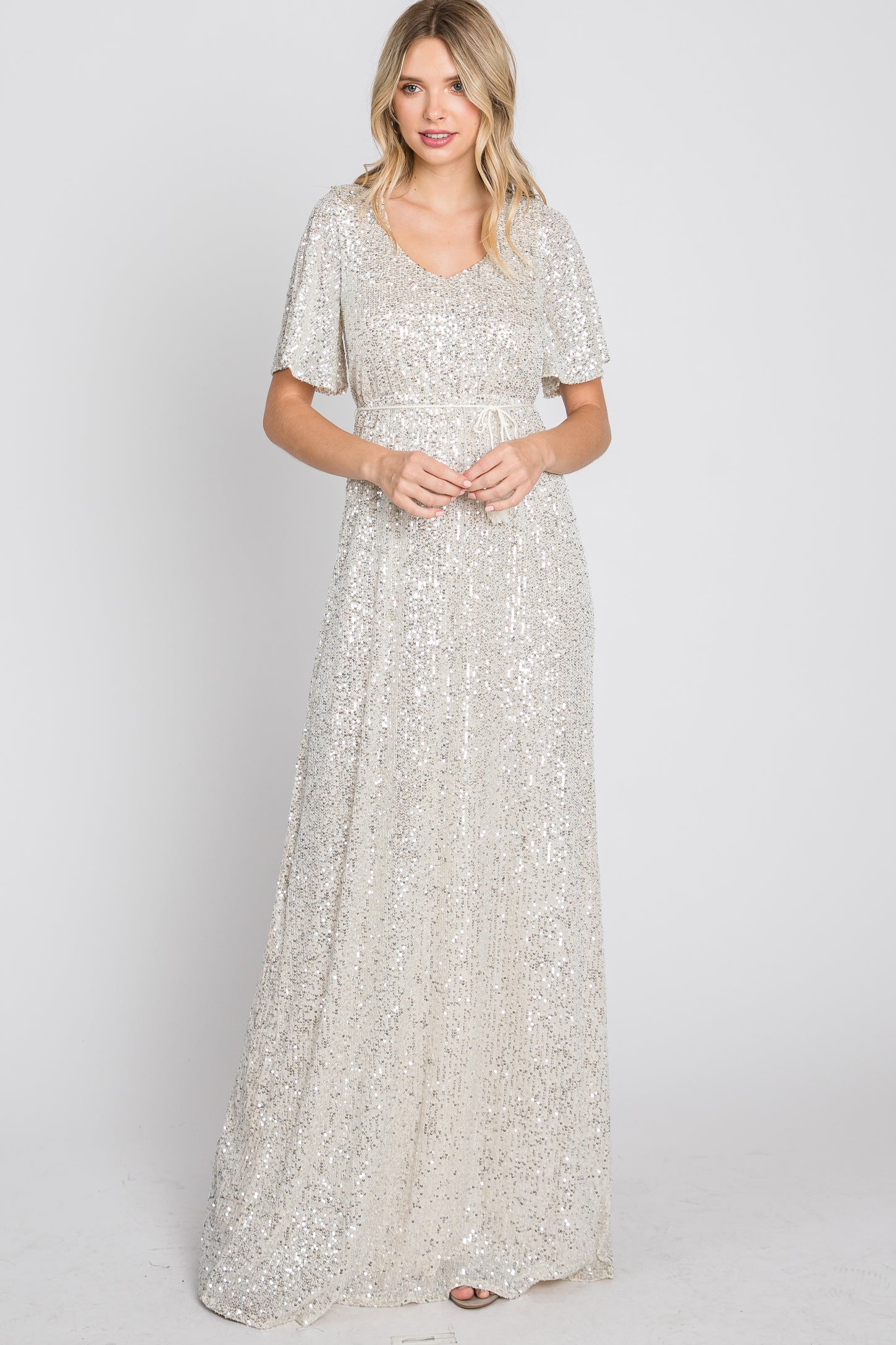 Cream Sequin Short Sleeve Maternity Maxi Dress Large Cream Sequin Short Sleeve Maternity Maxi Dress Large