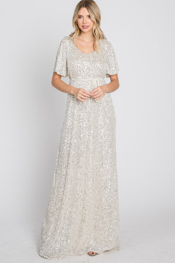 Cream Sequin Short Sleeve Maxi Dress