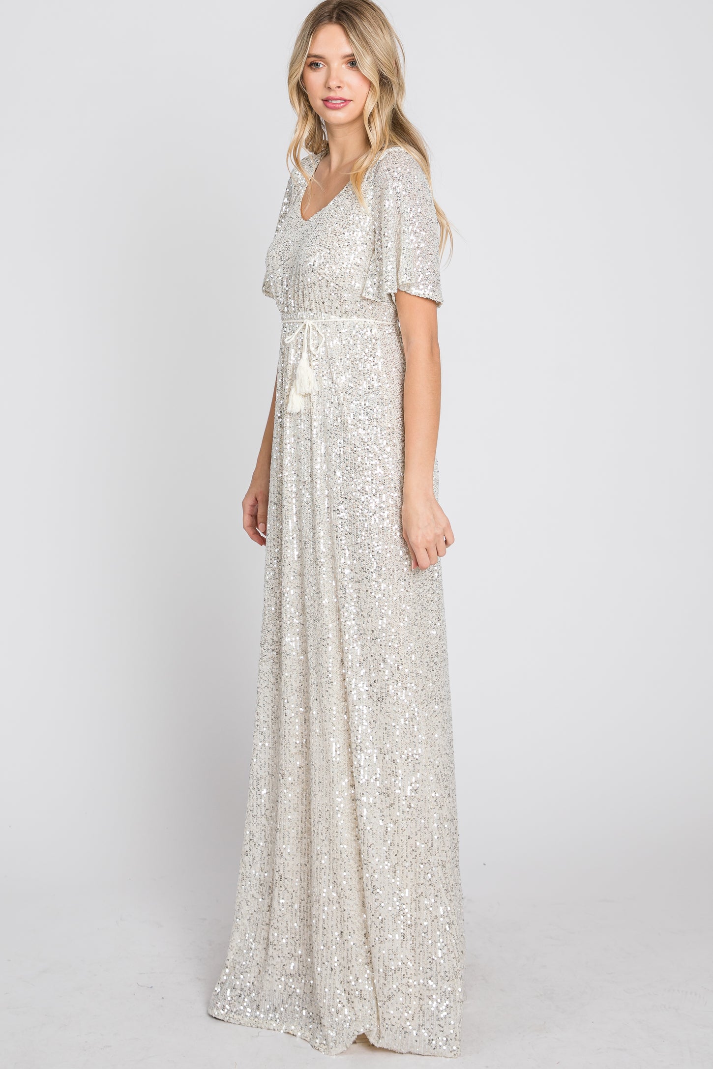cream sequin maxi dress Cream Sequin Embellished Satin Maxi Dress